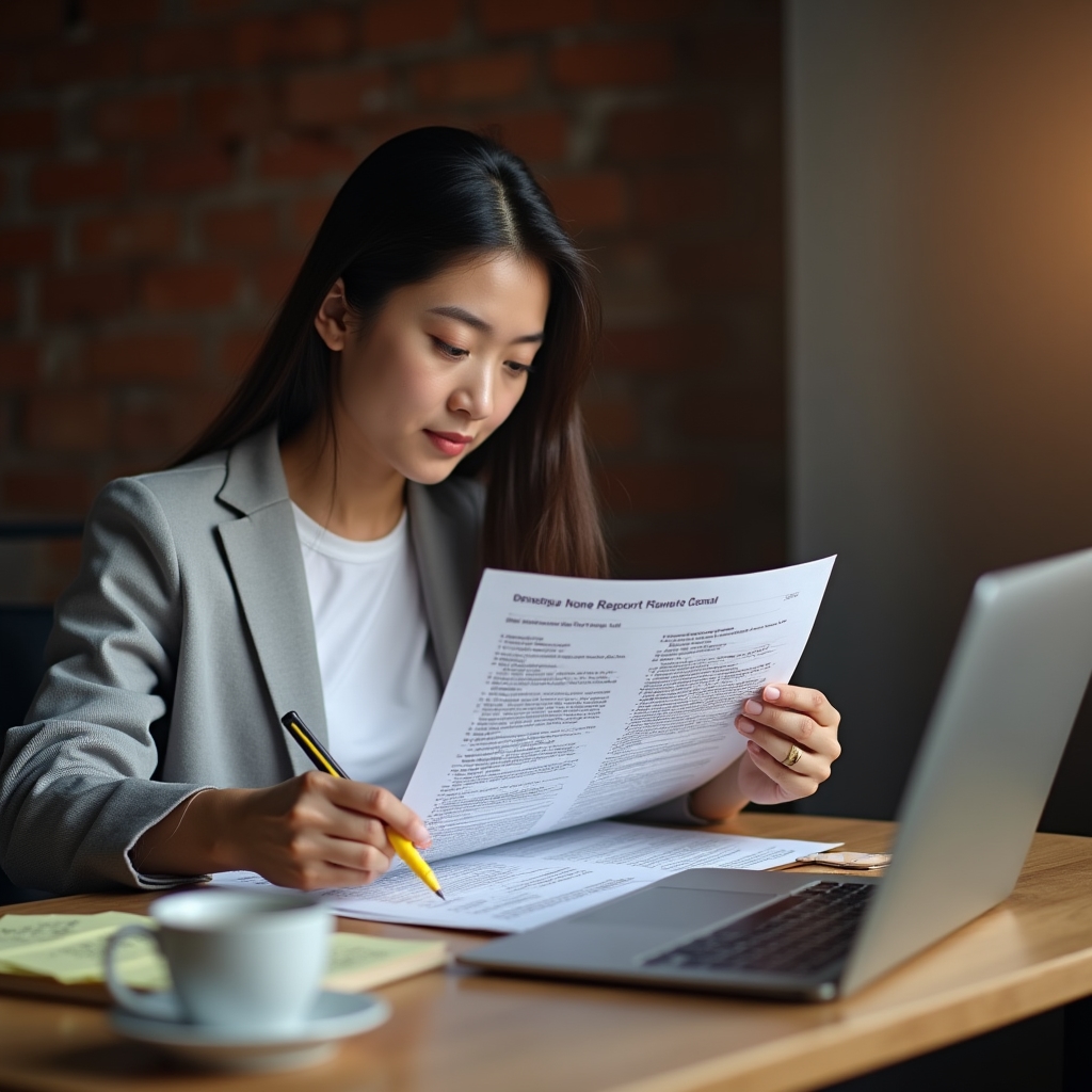 Detailed SEO audit report document open on a laptop with handwritten notes and priority markings visible