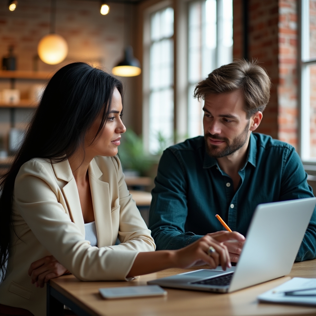 E-commerce brand owner reviewing SEO audit findings with a consultant at a desk