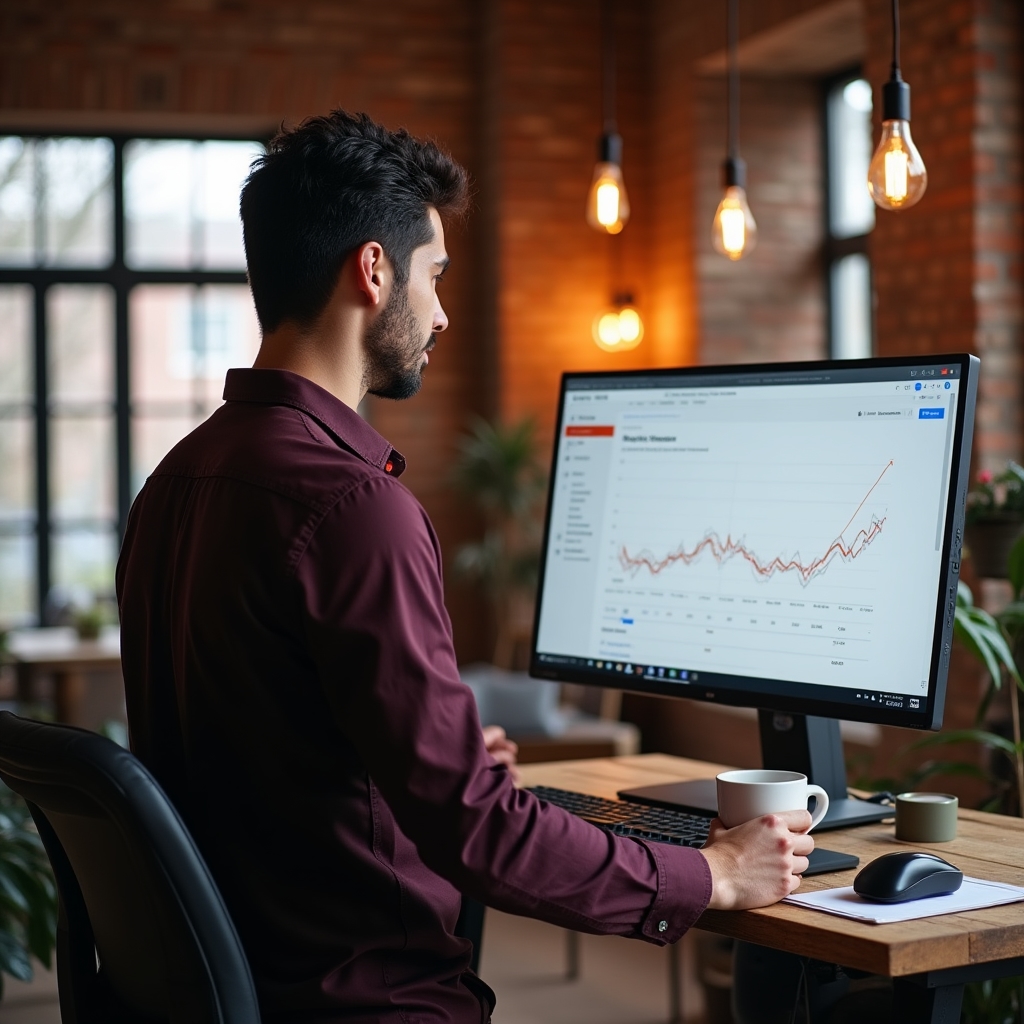 Independent SEO consultant working at a standing desk with multiple monitors showing crawl data and search console reports