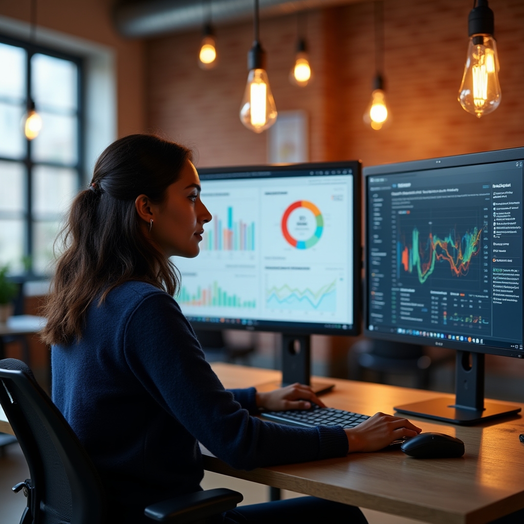 SEO audit workspace with multiple screens showing analytics data and site structure maps