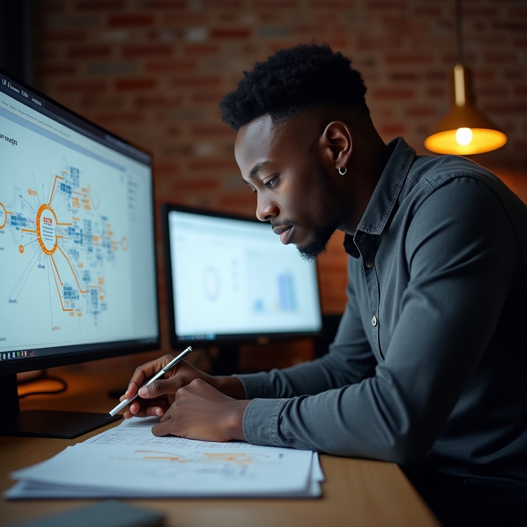 SEO consultant reviewing site architecture diagrams and crawl data on a large monitor